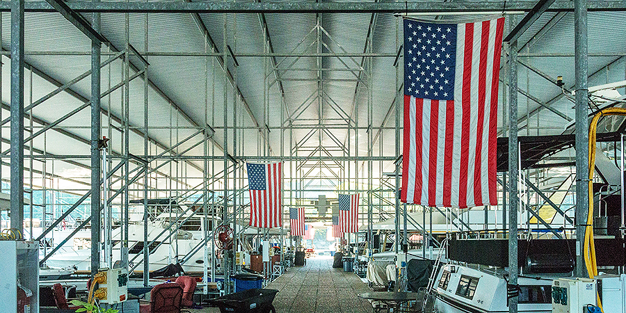 Flags hanging from the rafters
